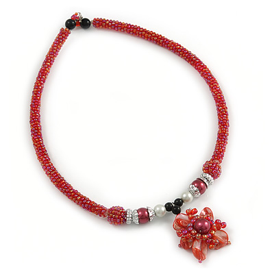 Red Glass Collar Necklace with Red Shell Flower Pendant - 43cm L