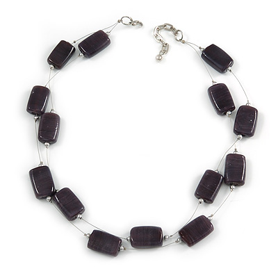 Two Strand Square Plum/ Purple Glass Bead Silver Tone Wire Necklace - 48cm L/ 5cm Ext