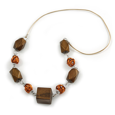 Bold Geometric Wood Bead and Wire Ball Rubber Cord Necklace (Bronze Brown, Copper) - 70cm Long