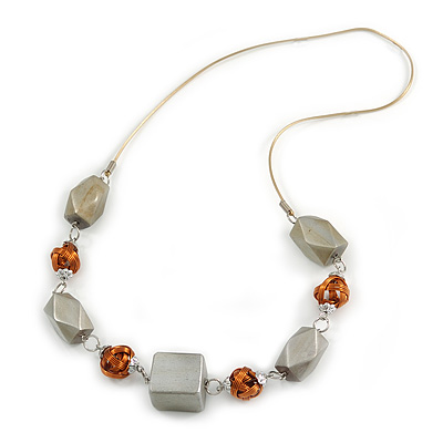 Bold Geometric Wood Bead and Wire Ball Rubber Cord Necklace (Glitter Silver, Copper) - 70cm Long