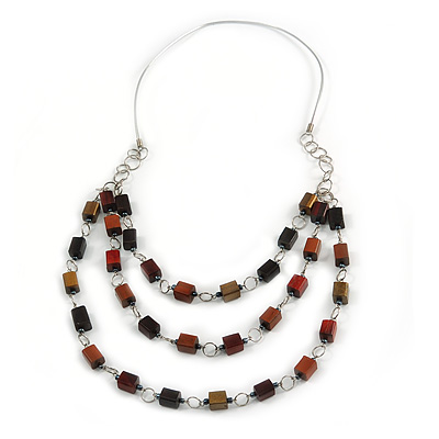 Layered Wood Bead with Metallic Silver Rubber Cord Necklace - 86cm L - main view