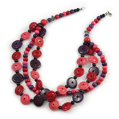 3 Strand Wood Button Bead Necklace In Pink/ Purple - 70cm L