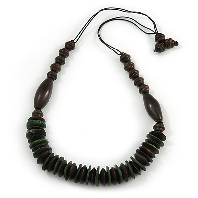 Brown/ Dark Green Wood Bead with Cotton Cord Necklace - 70cm L