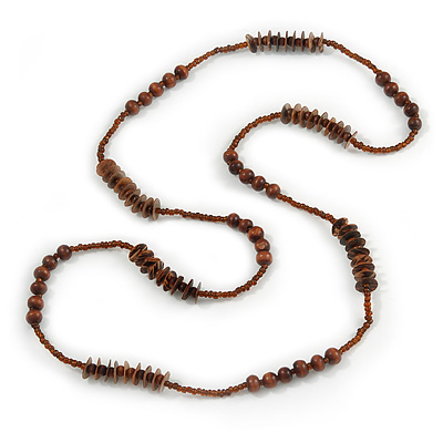 Long Wood, Glass, Shell Beads Necklace In Brown - 114cm L