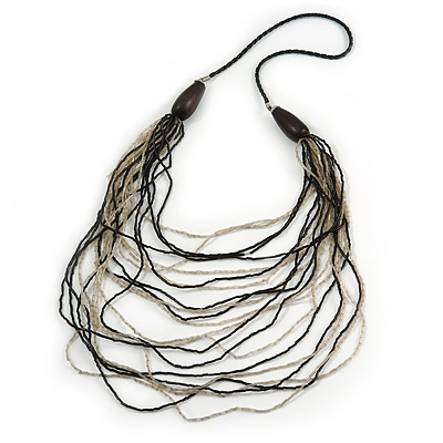 Long Layered Multi-strand Black/ Transparent Glass Bead Black Faux Leather Cord Necklace - 100cm L
