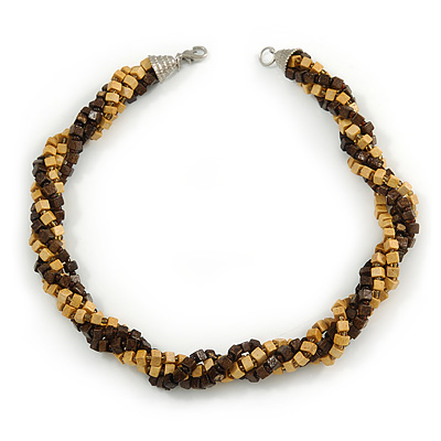 Brown/ Natural Multistrand Twisted Wood Bead Necklace - 40cm L