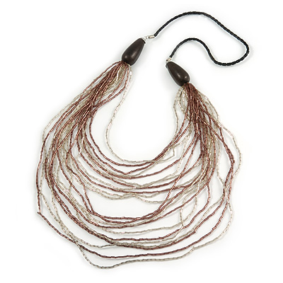 Long Layered Multi-strand Plum/ Transparent Glass Bead Black Faux Leather Cord Necklace - 100cm L