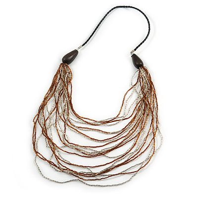 Long Layered Multi-strand Brown/ Transparent Glass Bead Black Faux Leather Cord Necklace - 100cm L
