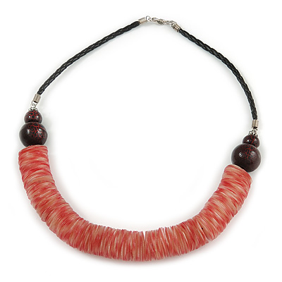Chunky Rose Red Shell Coin Necklace with Black Faux Leather Cord - 55cm L