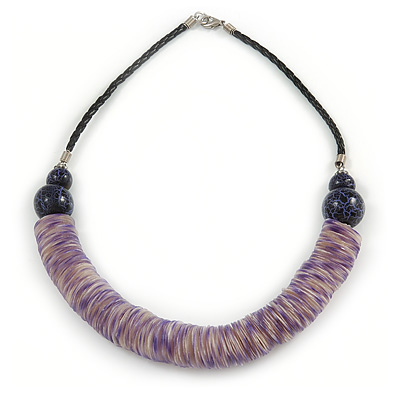 Purple Wood, Coin Shell Bead with Black Faux Leather Cord Necklace - 50cm L