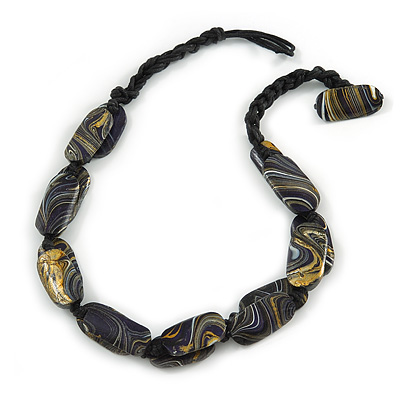 Deep Purple Oval Wood Bead with Colour Fusion Cotton Cord Necklace - 44cm L