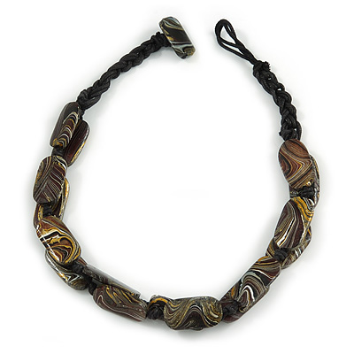 Dark Brown Oval Wood Bead with Colour Fusion Cotton Cord Necklace - 44cm L
