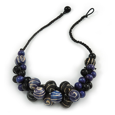 Black/ Dark Blue Cluster Wood Bead With Black Cord Necklace - 54cm L