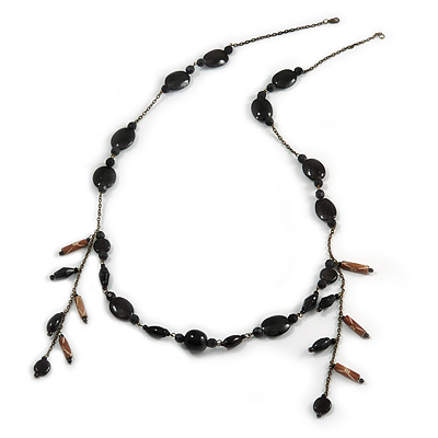 Vintage Inspired Black Ceramic/ Brown Bone Bead with Tassel Bronze Tone Chain Necklace - 96cm L