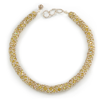 Pale Yellow Acrylic and Off White Glass Bead Choker Style Necklace - 42cm Long