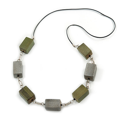 Long Wood Bead with Silver Tone Metal Links Black Rubber Cord Necklace (Glitter Olive Green/ Silver) - 84cm L - main view
