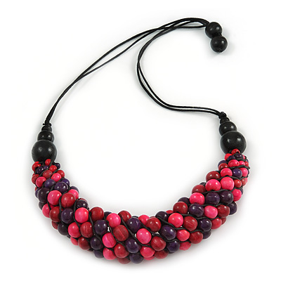 Purple/ Deep Pink Cluster Wood Bead Chunky Necklace with Black Cotton Cord - 70cm L