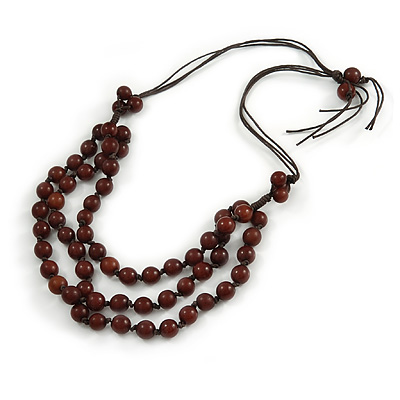 Layered Brown Resin Bead Cotton Cord Necklace - 74cm L