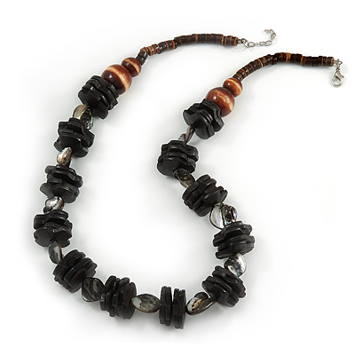 Black/ Brown Wood Bead and Sea Shell Nugget Necklace - 60cm L/ 4cm Ext