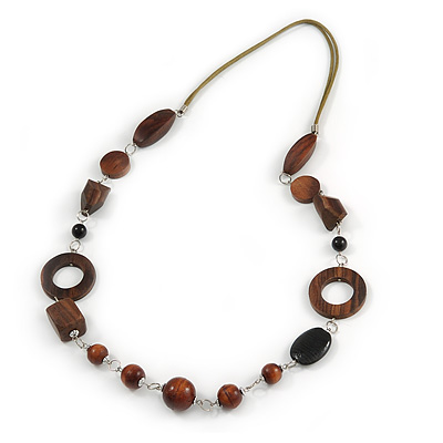 Long Brown Wood and Black Ceramic Bead with Olive Cotton Cords Necklace - 80cm L
