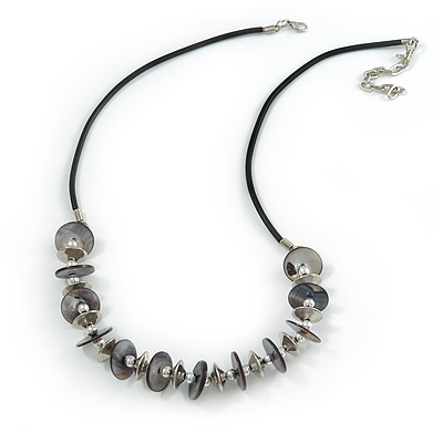 Dark Grey Coin Shell and Silver Tone Metal Button Bead Black Rubber Cord Necklace - 61cm L/ 7cm Ext