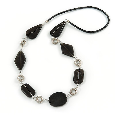 Black Ceramic and Silver Tone Wire Element Black Faux Leather Cord Necklace - 76cm L