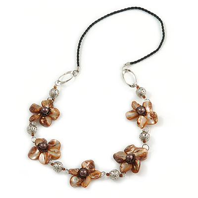 Taupe/ Brown Shell Floral Faux Leather Cord Long Necklace -76cm L