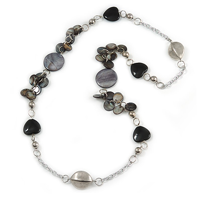 Black/ Grey Sea Shell, Heart Acrylic, Silver Ball Beaded Long Chain Necklace In Silver Tone - 88cm Long - main view
