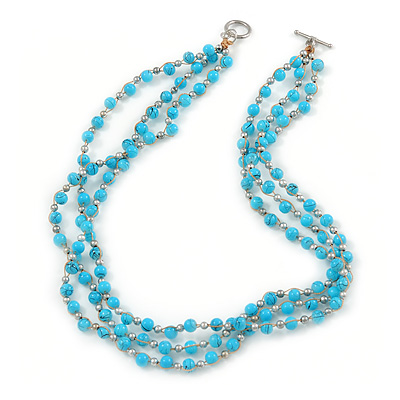 3 Strand Light Blue Ceramic, Silver Acrylic Bead Necklace - 44cm L