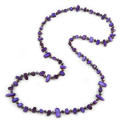 Long Purple/ Violet Shell Nugget and Glass Crystal Bead Necklace - 110cm L