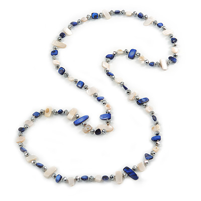Long Blue/ Off White Shell Nugget and Glass Crystal Bead Necklace - 110cm L