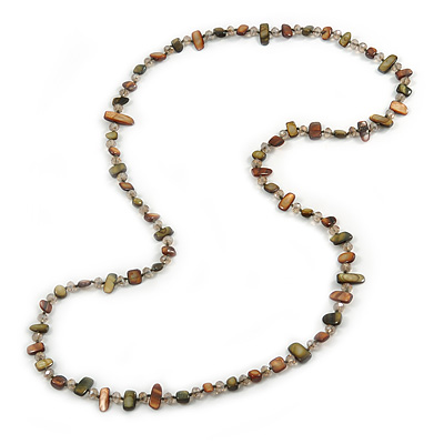 Long Olive Green/ Brown Shell Nugget and Glass Crystal Bead Necklace - 110cm L