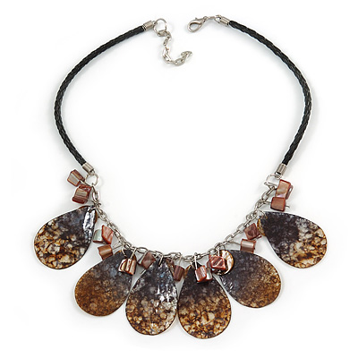 Unique Sea Shell and Sea Nugget Charms with Black Faux Leather Cord Necklace - 44cm L/ 5cm Ext