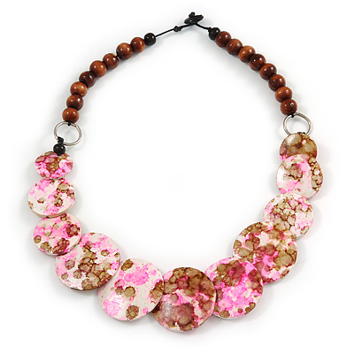 Brown/ Pink/ White Wood Beaded Necklace - 55cm Long