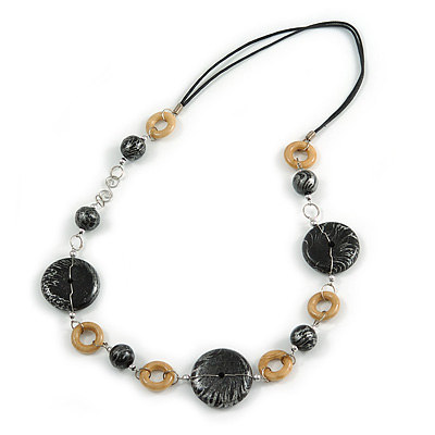 Black/ Natural Wood Bead, Silver Link Black Cotton Cord Necklace - 72cm L