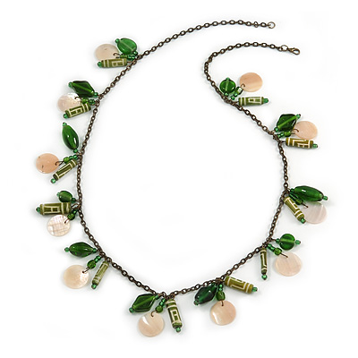 Boho Style Shell, Ceramic, Bone Charm with Bronze Tone Chain Necklace (Green/ Natural) - 76cm L - main view