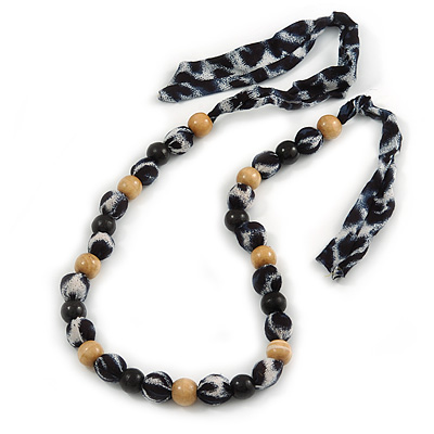 Stunning Wood Bead with Fabric Detailing Necklace (Natural, Black, Blue) - 60cm Long