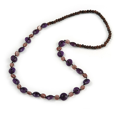 Wood, Ceramic Beaded Long Necklace (Purple, Plum, Brown) - 80cm L