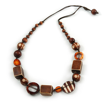 Geometric Wood Bead Cotton Cord Necklace In Brown - 76cm L - main view