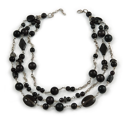 210g Solid 3 Strand Black Glass & Ceramic Bead Necklace In Silver Tone - 60cm L/ 5cm Ext - main view