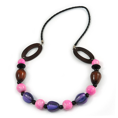 Brown/ Pink/ Purple Wood Bead Black Faux Leather Cord Necklace - 68cm L - main view