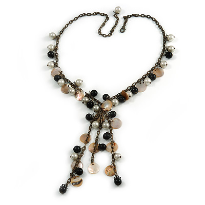 Vintage Inspired Black Ceramic Bead, White Faux Pearl, Sea Shell Bronze Tone Chain Tassel Necklace - 54cm L/ 8cm Ext/ 14cm Tassel