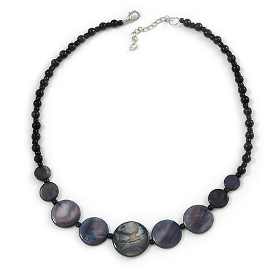 Black Glass Bead, Grey Shell Component Necklace - 44cm L/ 5cm Ext