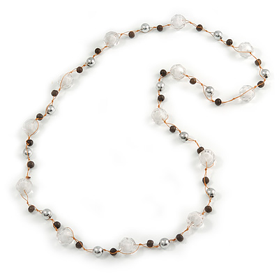 Long Transparent Acrylic, Brown Wood, Silver Tone Metal Bead with Orange Cord Necklace - 116cm L