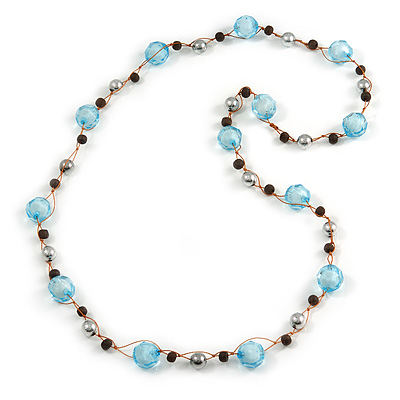 Long Light Blue Acrylic, Brown Wood, Silver Tone Metal Bead with Orange Cord Necklace - 104cm L