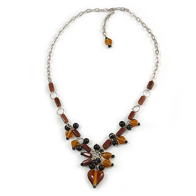 Romantic Glass and Ceramic Bead Heart Pendant Charm Necklace In Silver Tone (Amber Brown, Black) - 64cm L - main view