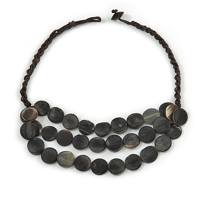 Layered Grey Resin Bead Brown Cord Necklace - 46cm L