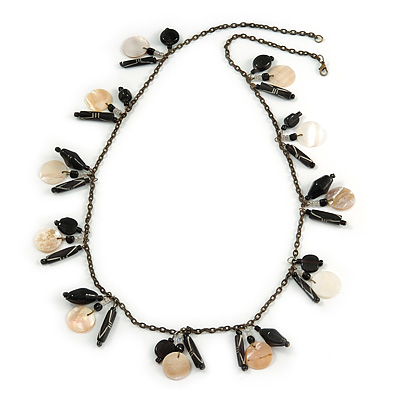 Boho Style Shell, Ceramic, Bone Charm with Bronze Tone Chain Necklace (Black/ Natural) - 76cm L