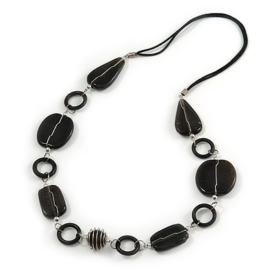 Black Ceramic Bead and Black Wood Ring Cotton Cord Necklace - 70cm L - main view