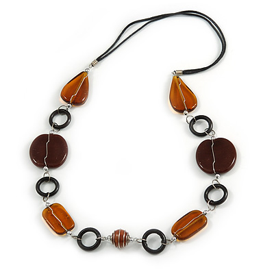 Brown/ Amber Ceramic Bead and Black Wood Ring Cotton Cord Necklace - 70cm L